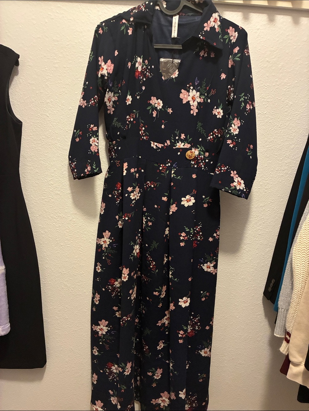 Floral Navy Maxi Dress with Button Waist